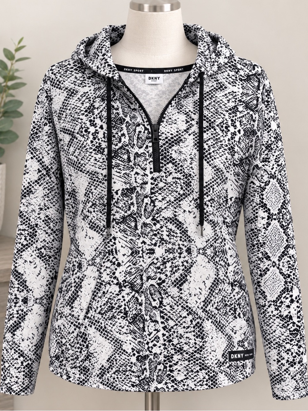 DKNY Black and White Snake Print Zip Hoodie